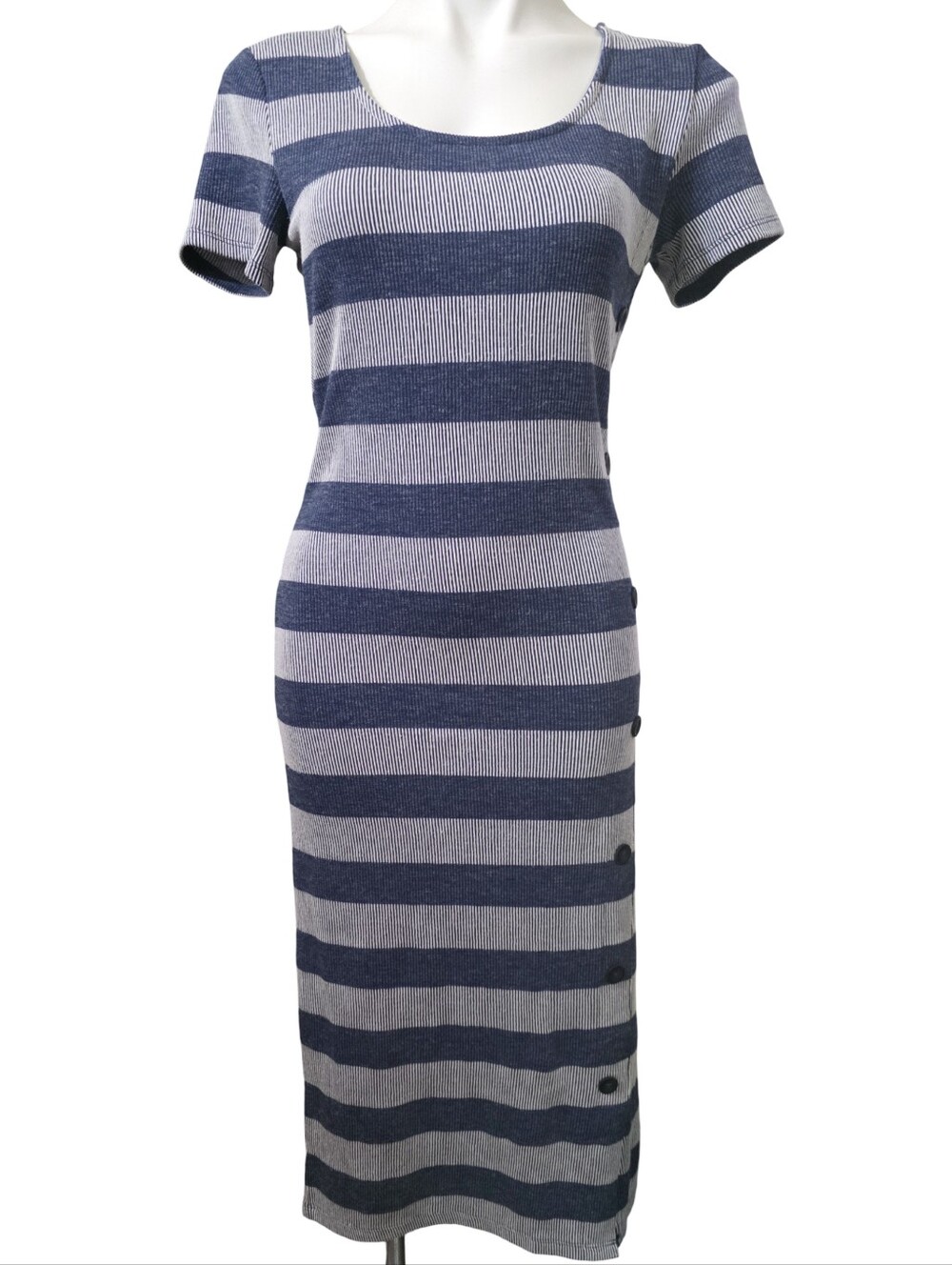bp Striped Rayon Scoop-Neck Dress in Navy and Light Gray